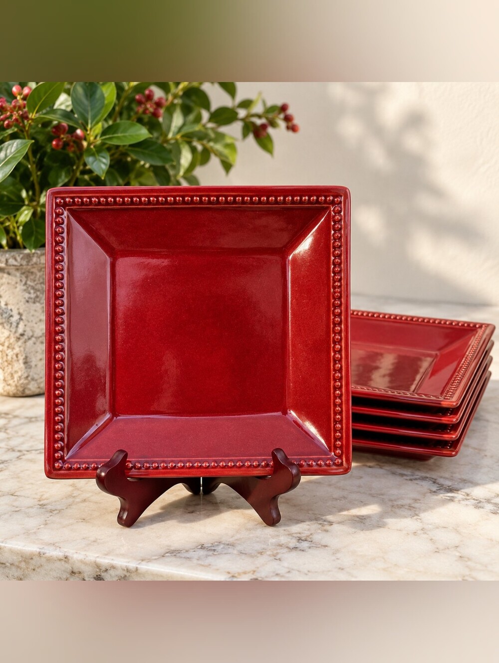 Pier 1 Spice Route Paprika Red Square Salad Plates 8.25" Set of 4 Discontinued